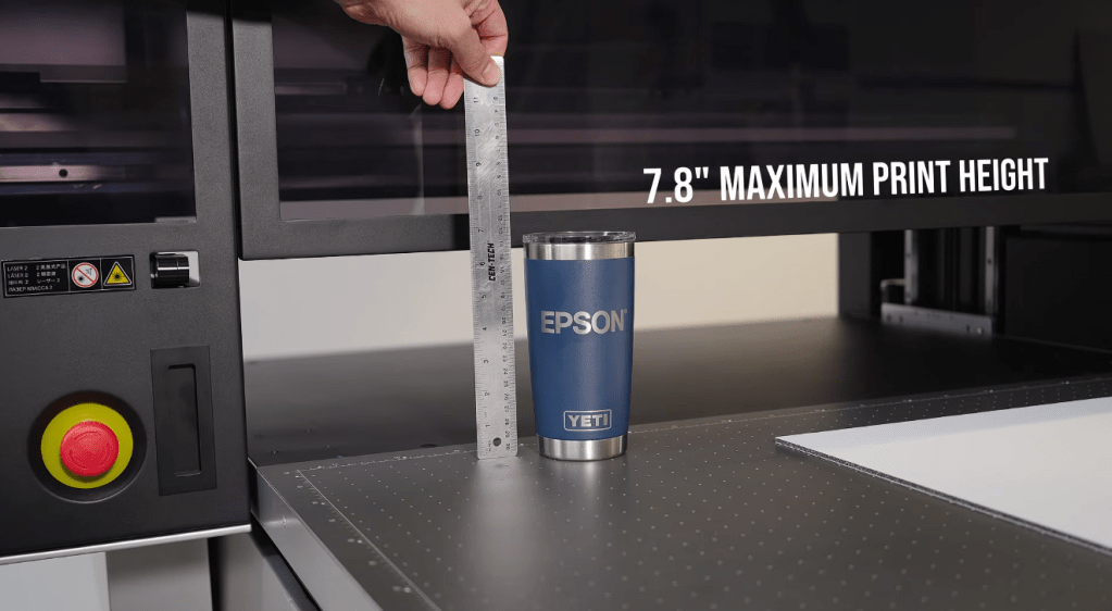 7.8-in Maximum Print Height on the Epson SureColor V4000 UV Flatbed Printer.