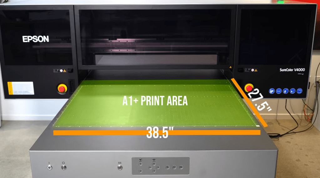 Epson SureColor V4000 UV Flatbed Printer print bed visualization showing large-format flatbed surface area for rigid substrate printing and material placement capacity.