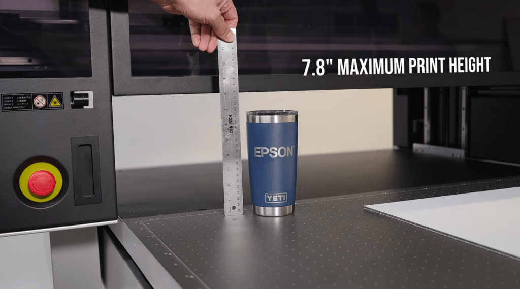 Epson V4000 UV printer showing 7.8 inch height clearance measurement.